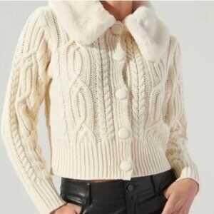 Planet Gold Cable-Knit Faux-Fur Collar Cardigan NWOT Size S